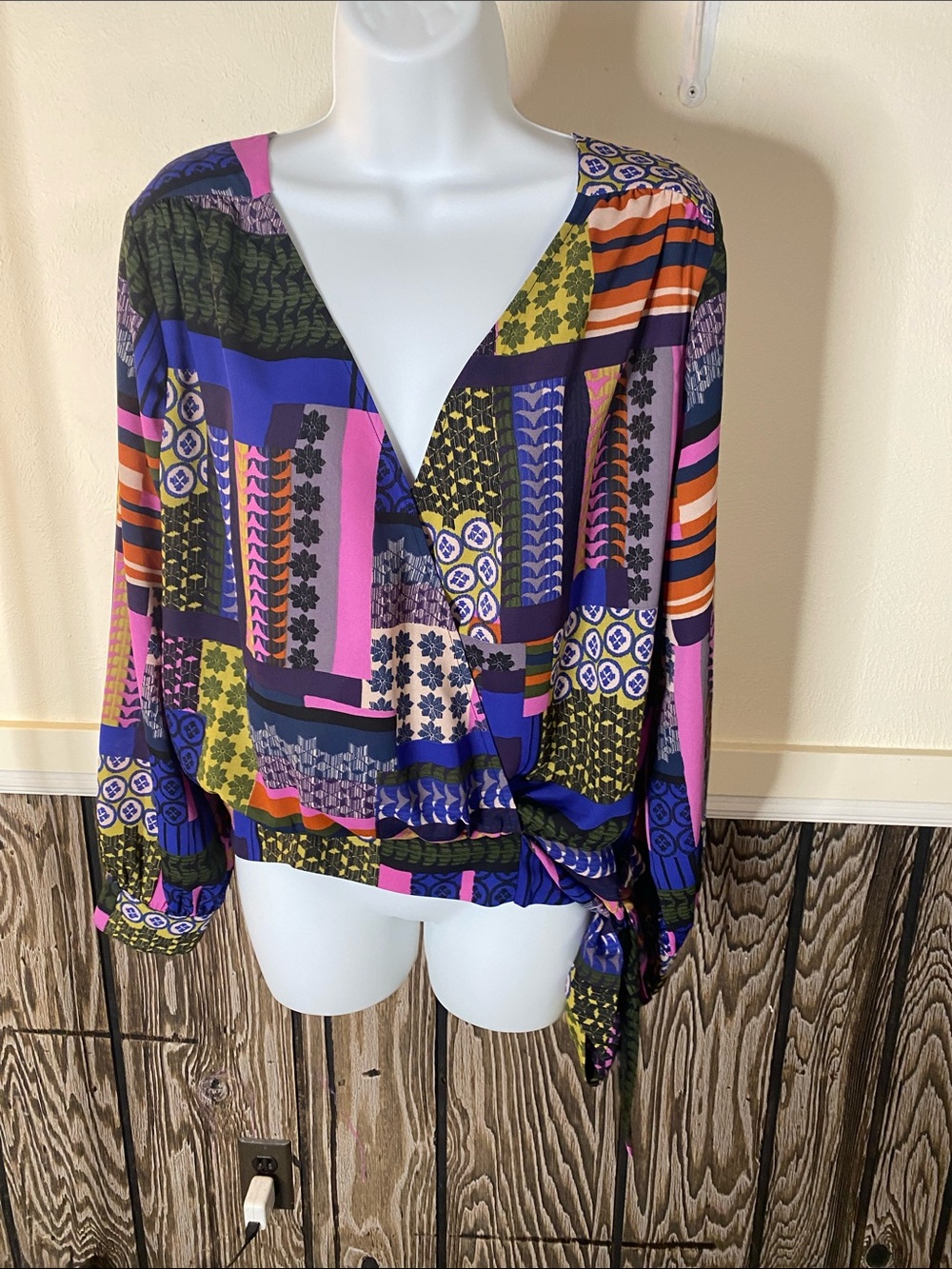 Navy and Print Wrap Blouse